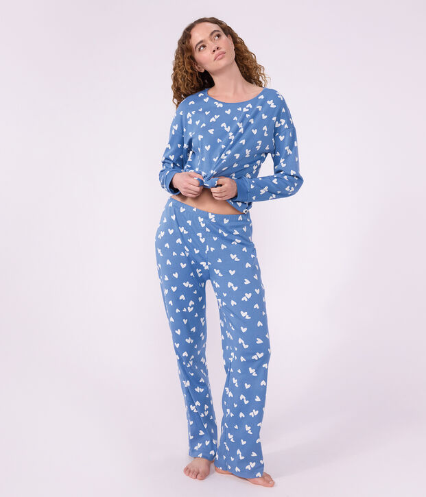 Katoenen damespyjama met hartjesprint blauw/wit