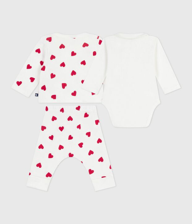 Driedelig katoenen babysetje met overslag en hartjesprint wit/rood