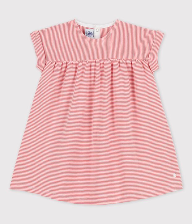 Robe manches courtes en coton bio b&eacute;b&eacute; rose/blanc