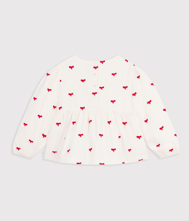 Blouse enfant en coton manches longues imprim&eacute;e n&oelig;uds &eacute;cru/rouge