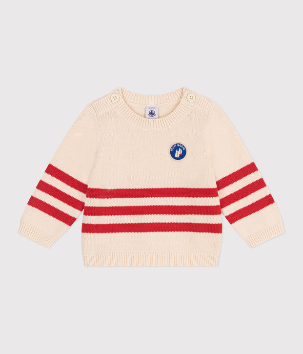 Pull b&eacute;b&eacute; en coton &agrave; rayures plac&eacute;es et badge &agrave; la poitrine rouge/rouge