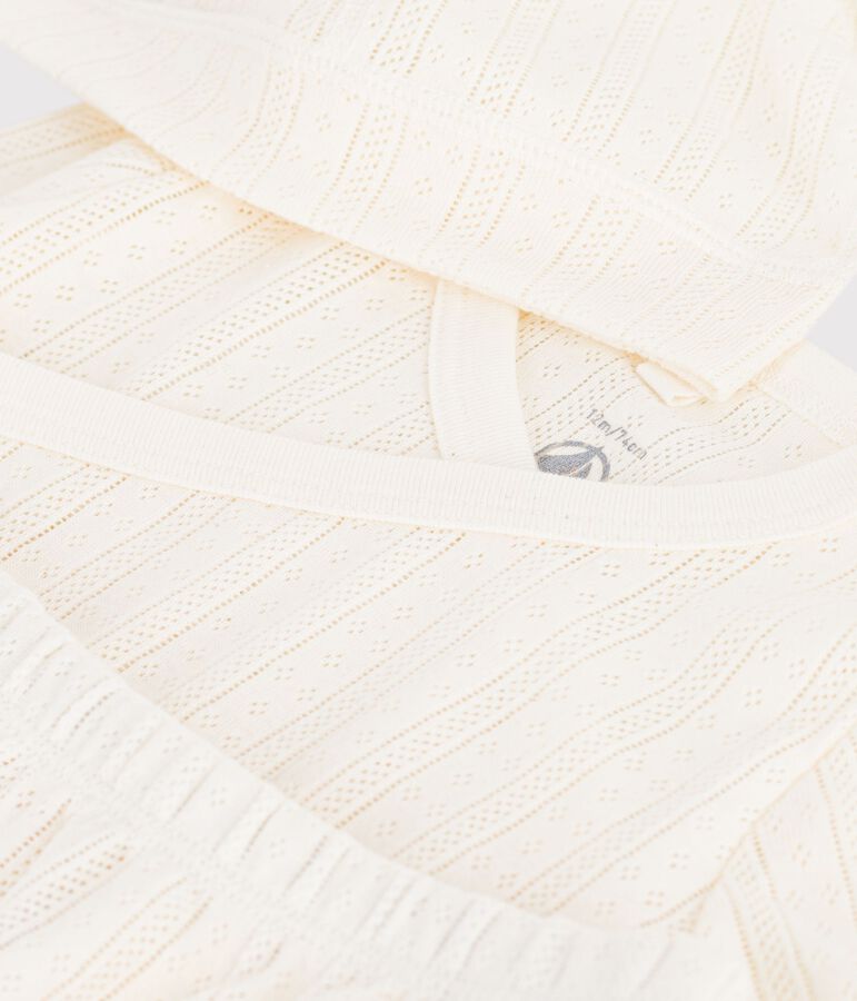 Ensemble long 3 pi&egrave;ces b&eacute;b&eacute; en coton ajour&eacute; et son bonnet &eacute;cru