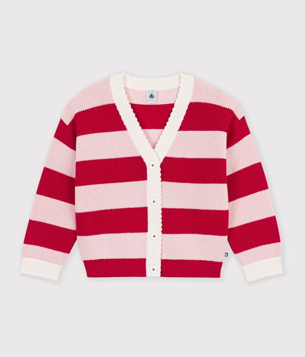 Cardigan enfant en laine et coton &agrave; rayures rose/rose