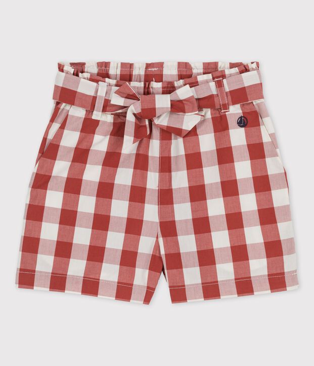 Vichy short in popeline voor meisjes bruin/ecru