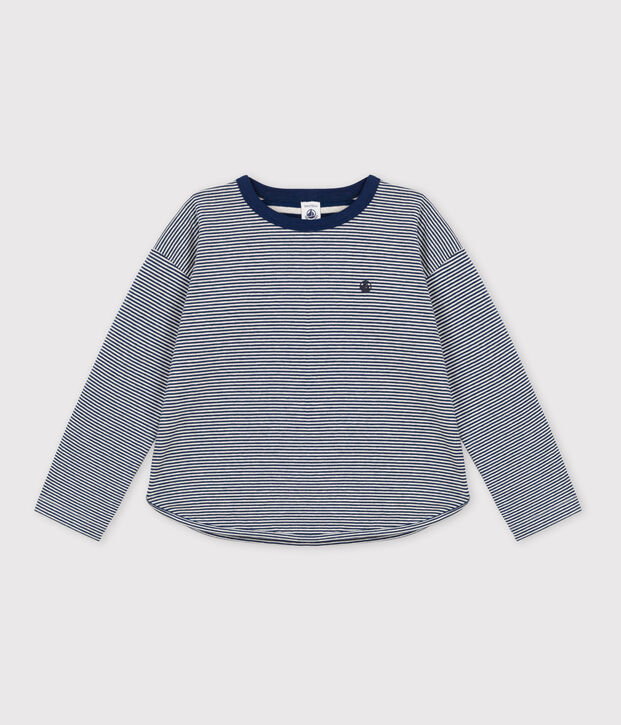 Tee-shirt manches longues en tubique enfant fille / gar&ccedil;on bleu/beige
