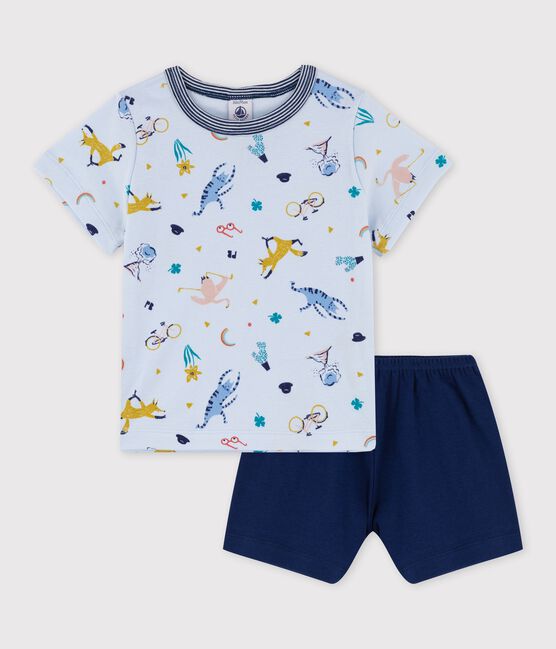 Korte katoenen pyjama met geprinte yoga dieren voor jongens blauw FRAICHEUR/wit MULTICO