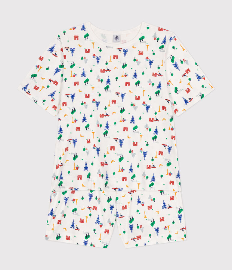 Katoenen pyjama met korte broek en T-shirt met motief van Parijs voor dames wit/blauw/multicouleur