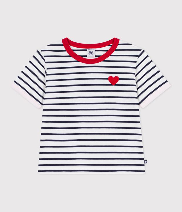 Katoenen kinder-T-shirt met korte mouw en streepjes wit/blauw