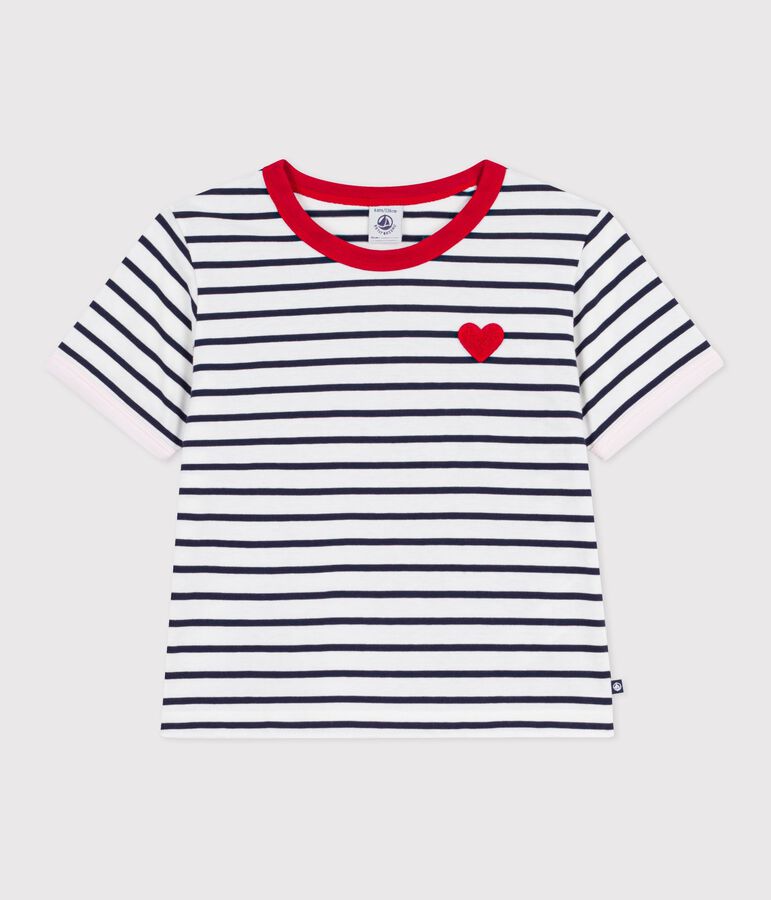 Katoenen kinder-T-shirt met korte mouw en streepjes wit/blauw