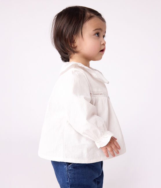 Blouse bébé en popeline de coton manches longues, à col et brodée blanc ECUME