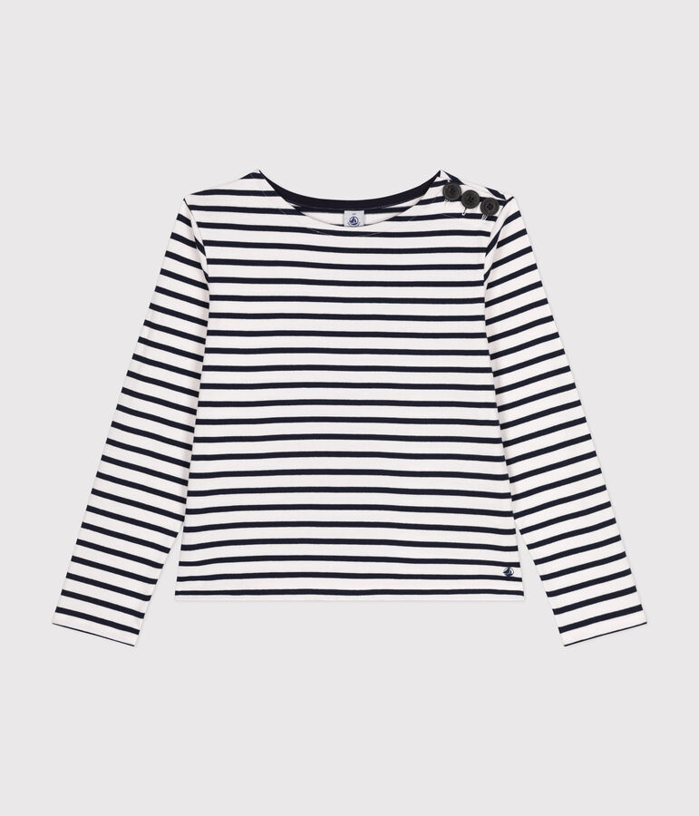 Katoenen marineshirt met knopen voor dames wit/blauw