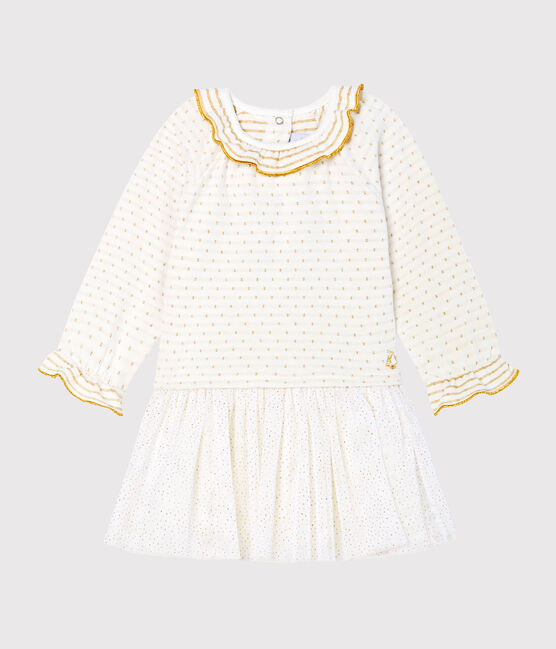 Jurk met lange mouwen twee soorten materiaal babymeisje wit MARSHMALLOW/geel OR
