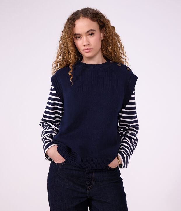 Katoenen marinetrui met lange mouwen voor dames blauw/wit