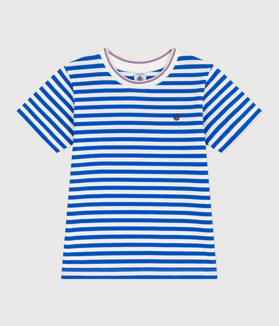 Katoenen kinder-T-shirt met korte mouw en streepjes blauw PORCELANA/ MARSHMALLOW