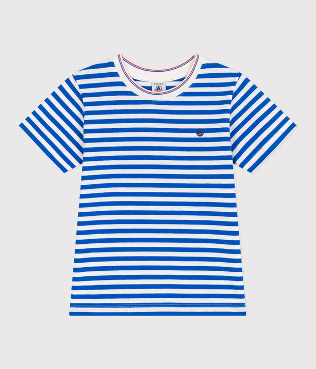 Tee-shirt enfant en coton manches courtes &agrave; rayures bleu/blanc