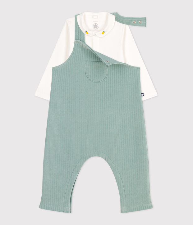 Ensemble naissance salopette et body brod&eacute; en coton vert