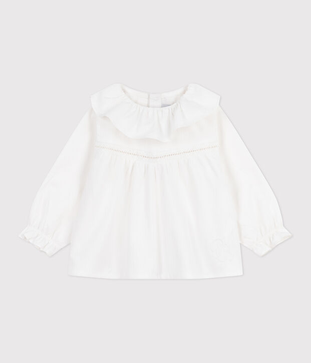 Blouse b&eacute;b&eacute; en popeline de coton manches longues, &agrave; col et brod&eacute;e blanc