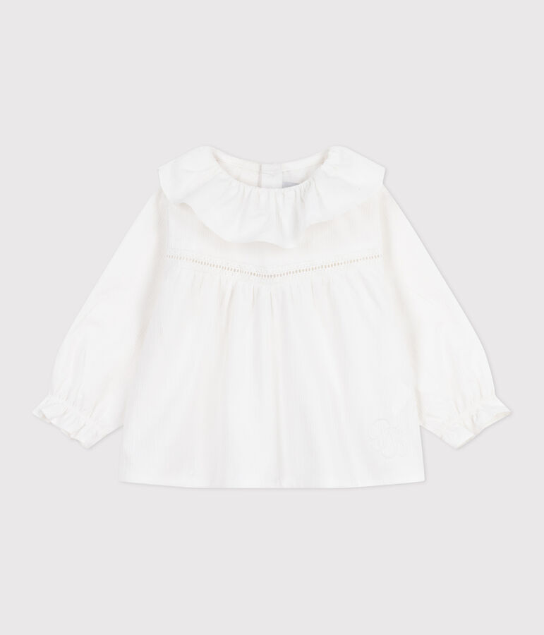 Blouse b&eacute;b&eacute; en popeline de coton manches longues, &agrave; col et brod&eacute;e blanc