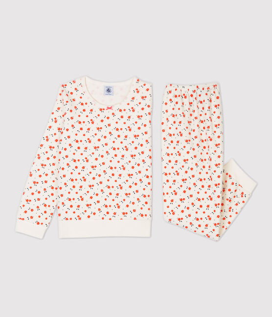 Fluwelen meisjespyjama met bloemenprint wit MARSHMALLOW/wit MULTICO