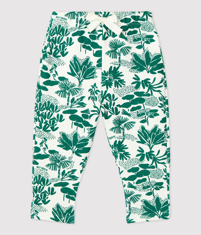 Broek met plantenprint in molton voor baby's wit/groen
