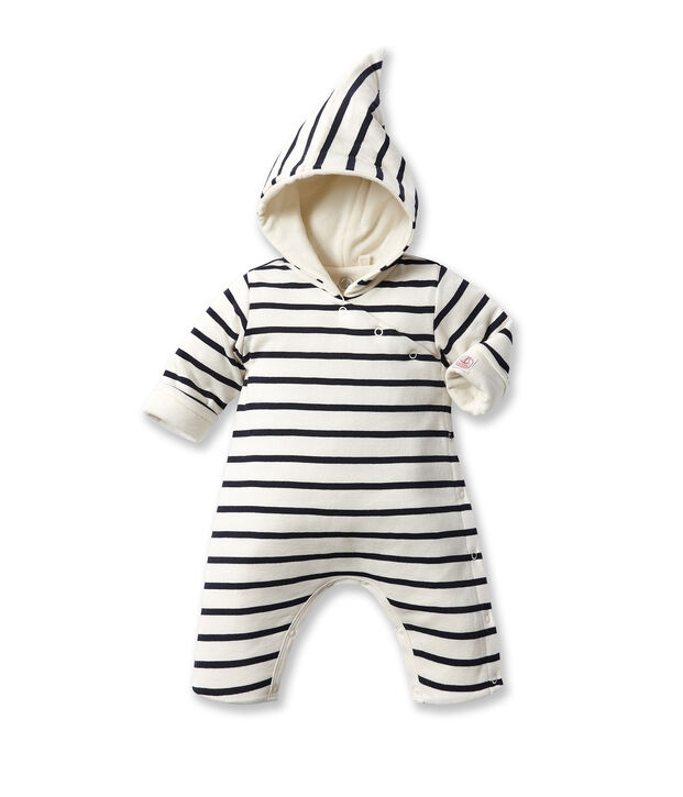 Gestreept babypakje met kap wit/blauw