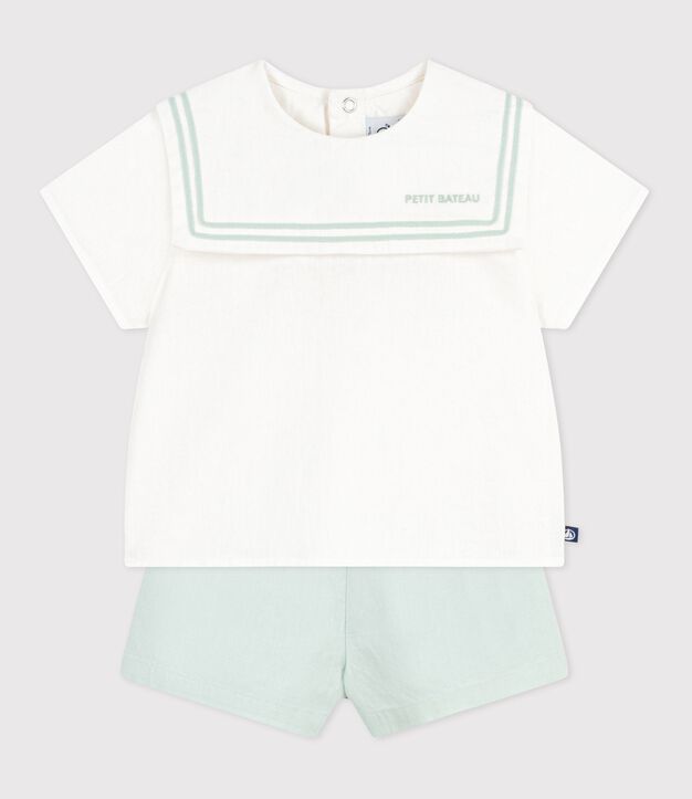 Tweedelig babysetje van katoen/linnen met bovenstukje met matrozenkraagje wit/blauw
