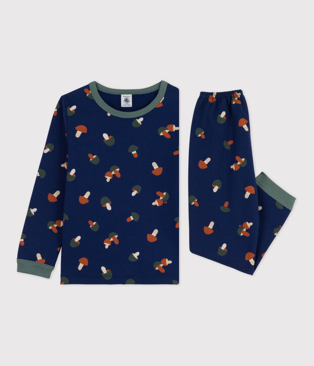 Jongens/meisjespyjama met champignonprint in molton blauw/multicouleur