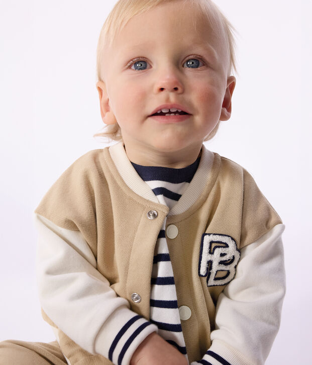 Veste teddy b&eacute;b&eacute; en coton colorblock et badge beige/&eacute;cru