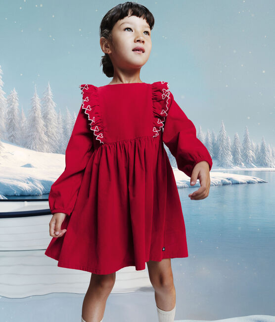 Robe enfant manches longues en velours unie rouge TERKUIT