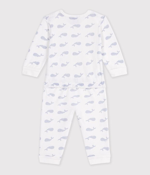 Pyjama b&eacute;b&eacute; en velours ouverture sans pression imprim&eacute; baleine blanc/bleu
