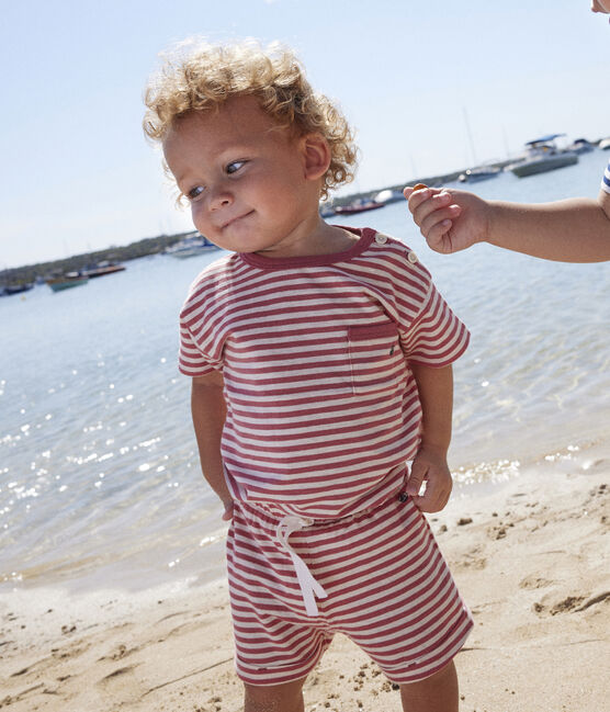 Gestreepte babyshort van gevlamde jerseystof roze PAPI/beige AVALANCHE