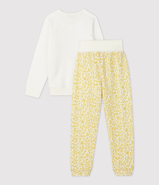 Meisjespyjama met bloemen van opgeruwde bouclébadstof geel OCRE/wit MARSHMALLOW