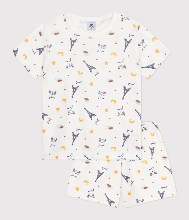 Pyjama short enfant en coton imprim&eacute; Paris blanc/multicouleur