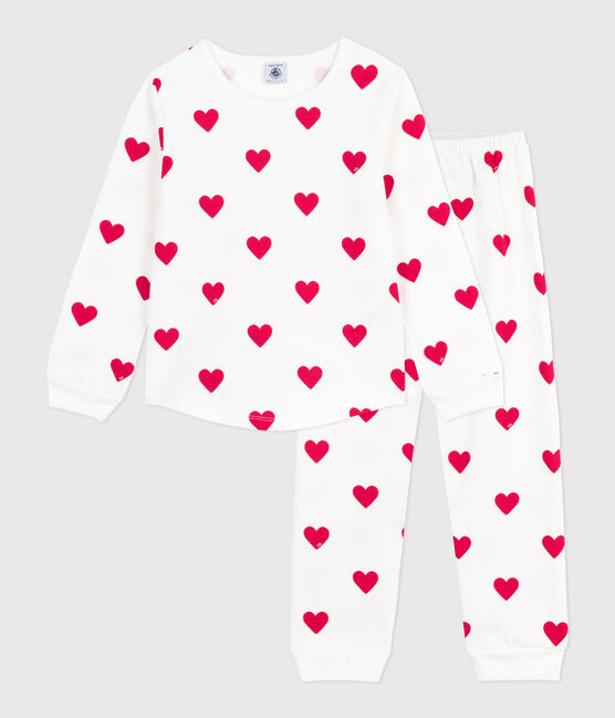 Pyjama enfant en molleton imprimé cœurs blanc MARSHMALLOW/rouge TERKUIT