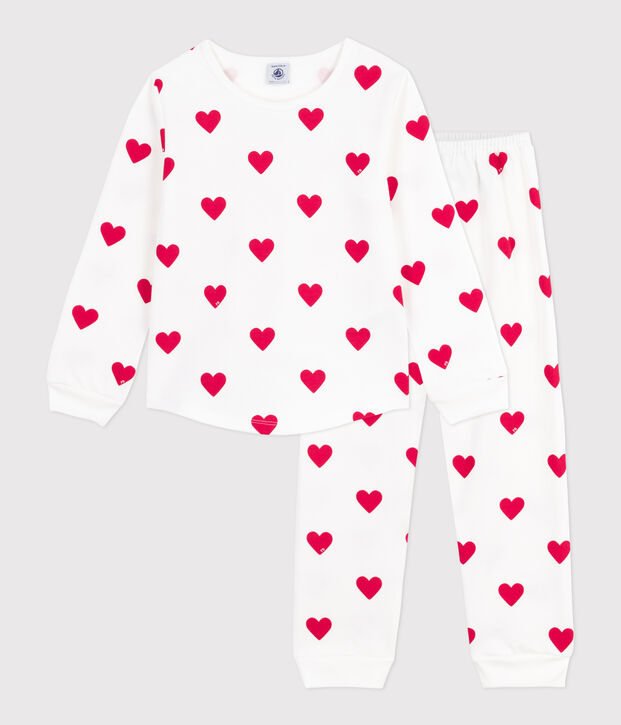 Kinderpyjama van fleece met hartjesprint wit/rood