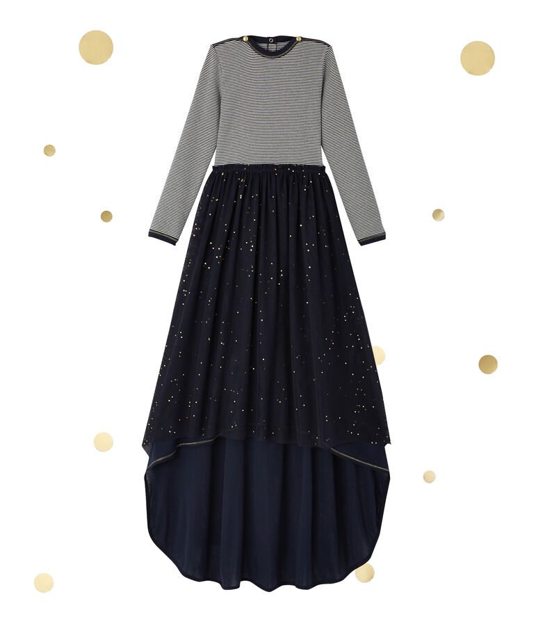 Meisjesjurk twee-in-&eacute;&eacute;n met lange mouwen Petit bateau x Marie-Agn&egrave;s Gillot blauw SMOKING/beige COQUILLE