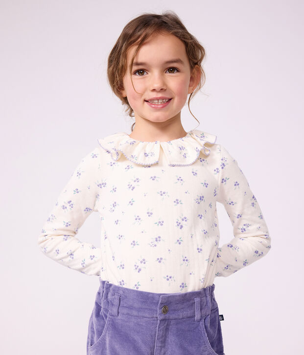 T-shirt met kraagje, lange mouwen en bloemenprint voor kinderen ecru/multicouleur
