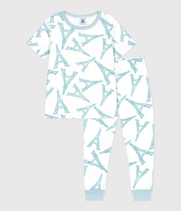 Pyjama enfant en coton manches courtes jambes longues Tour Eiffel blanc/multicouleur