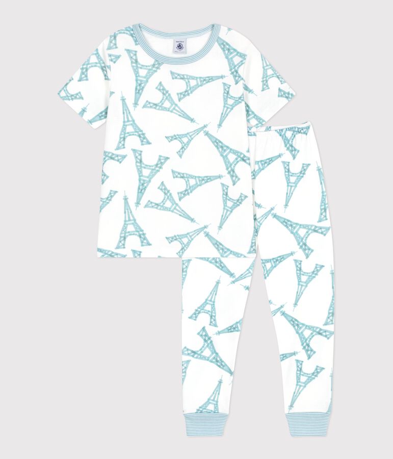 Pyjama enfant en coton manches courtes jambes longues Tour Eiffel blanc/multicouleur