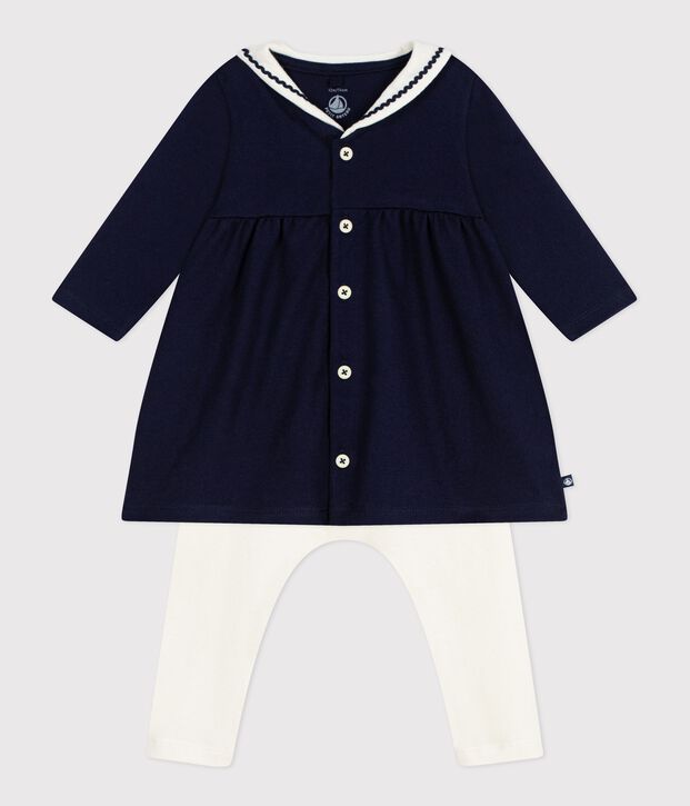 Robe b&eacute;b&eacute; esprit marin et col vareuse et legging en coton bleu/&eacute;cru