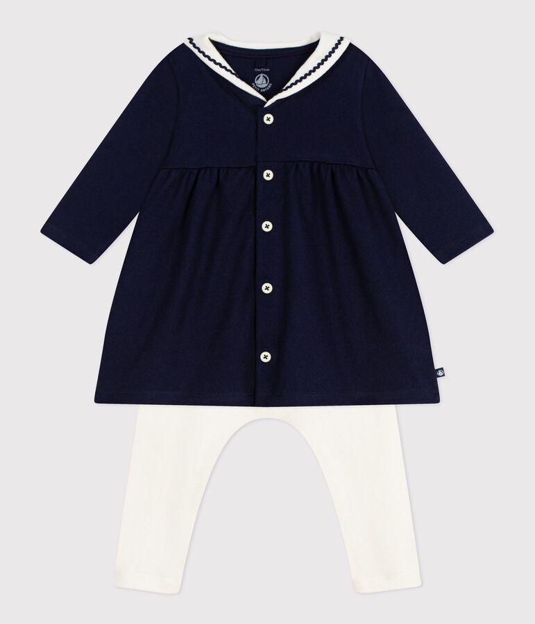 Robe b&eacute;b&eacute; esprit marin et col vareuse et legging en coton bleu/&eacute;cru