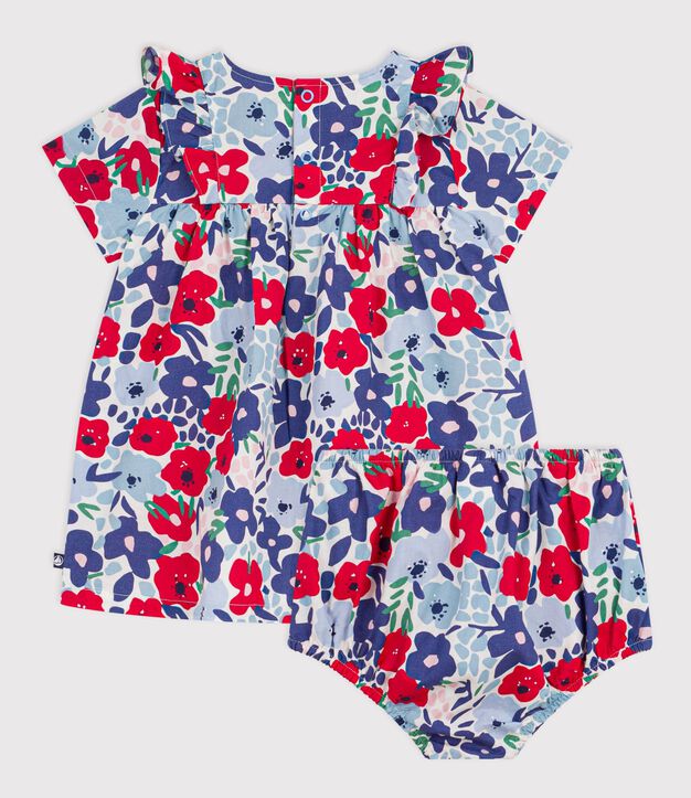 Katoenen babyjurk met korte mouwen en pofbroekje met bloemetjesprint wit/multicouleur