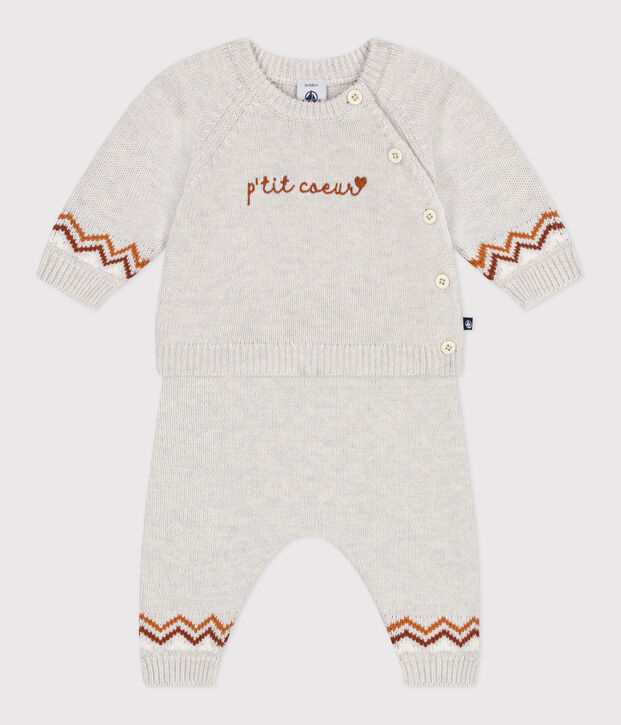 Ensemble 2 pi&egrave;ces b&eacute;b&eacute; en tricot, imprim&eacute; P'tit C&oelig;ur beige/multicouleur