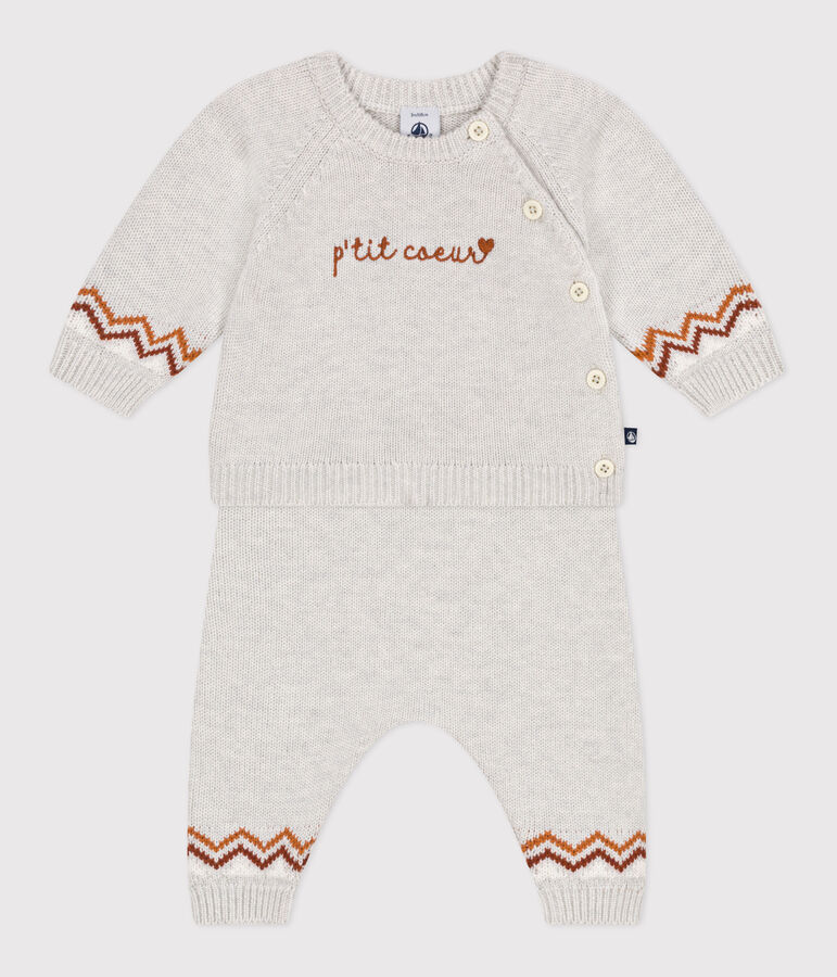 Tweedelig gebreid babysetje met opdruk P'tit C&oelig;ur beige/multicouleur