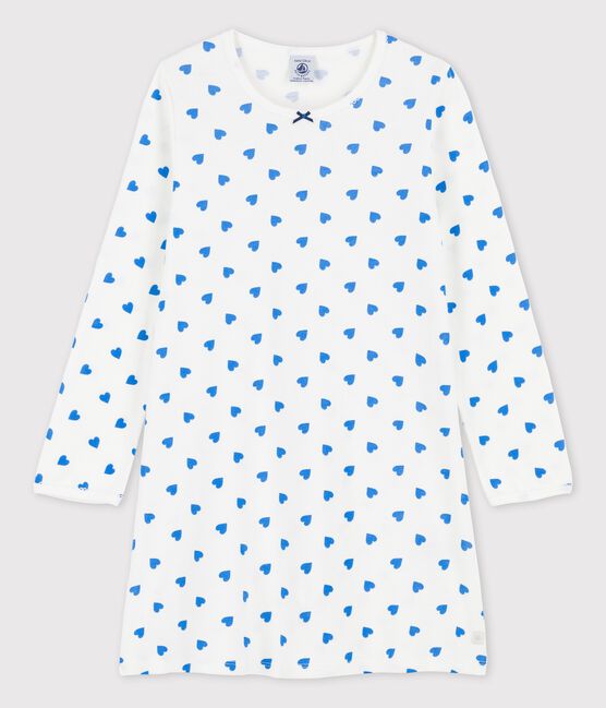 Nachthemd met lange mouwen en blauwe hartjes voor meisjes in katoen wit MARSHMALLOW/blauw BRASIER