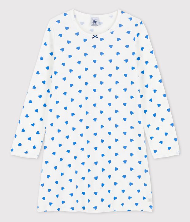 Nachthemd met lange mouwen en blauwe hartjes voor meisjes in katoen wit/blauw