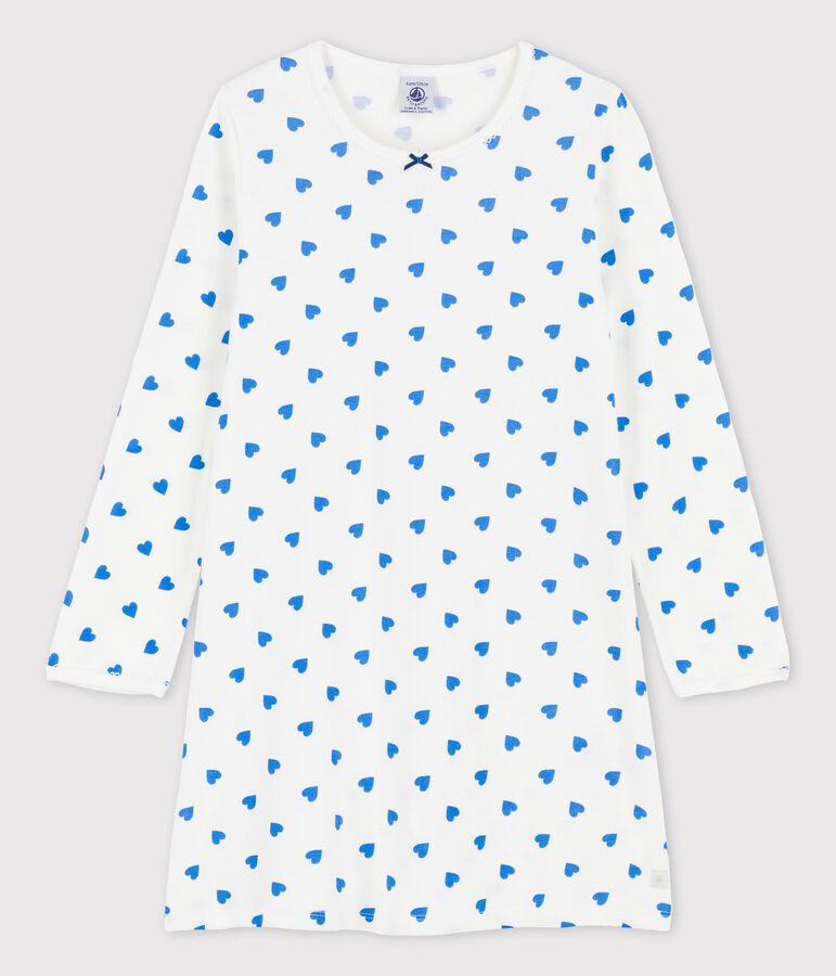 Chemise de nuit manches longues c&oelig;urs bleus petite fille en coton blanc/bleu