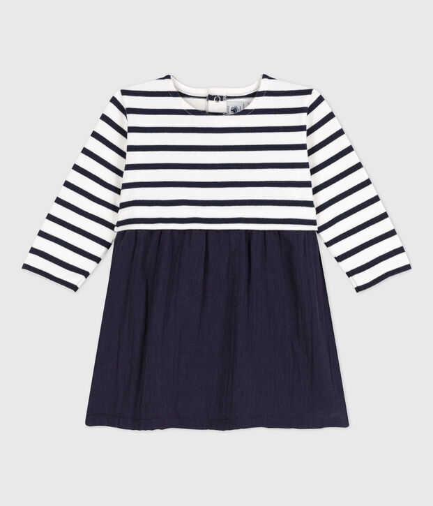 Jurk met lange mouwen van twee materialen voor baby's blauw/wit