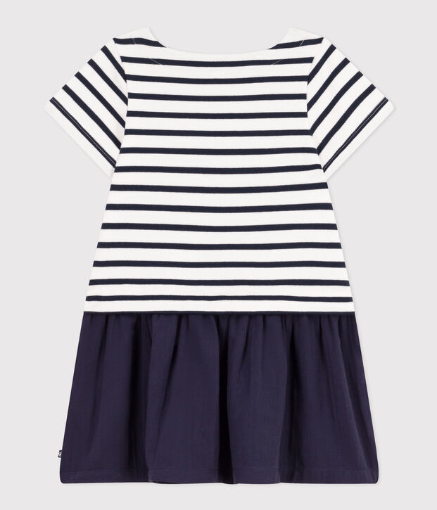 Robe manches courtes jersey &eacute;pais et gaze de coton enfant fille blanc/bleu