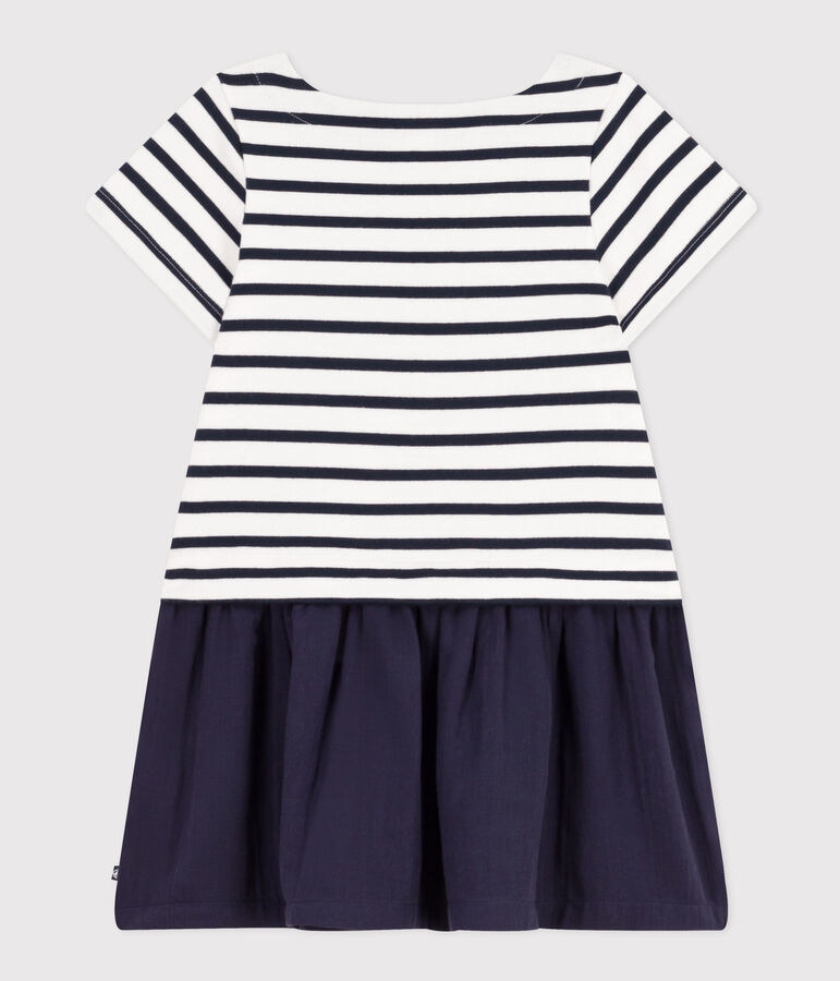 Robe manches courtes jersey &eacute;pais et gaze de coton enfant fille blanc/bleu